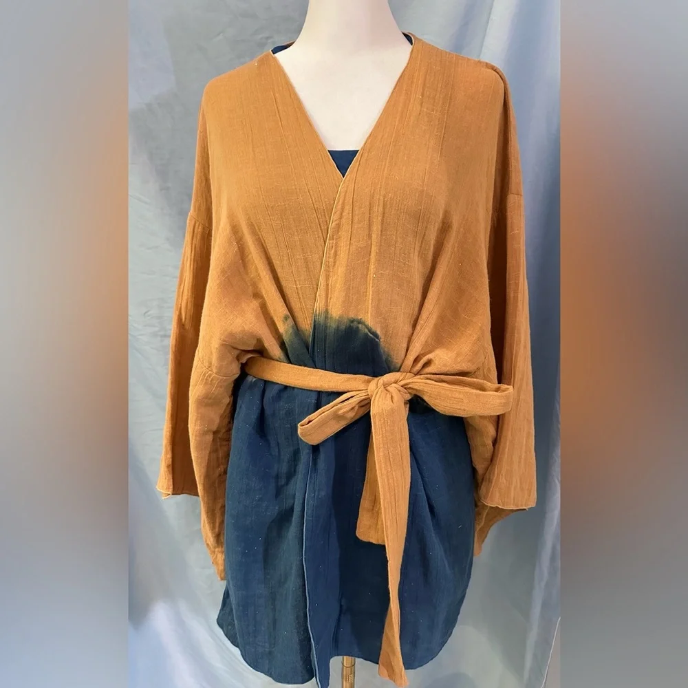 INDAH Bohemian Blue & Tan Cotton Kimono Coverup Cut-Out Floral Detail Top Sz S/M - Picture 1 of 9